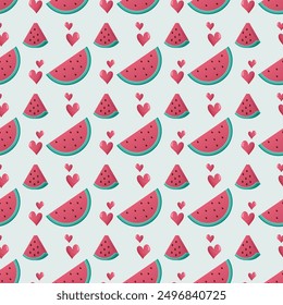 Red juicy summer fruit. Watermelon slices seamless pattern. Vector illustration for wallpaper, wrapping paper, textile, background.