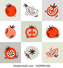 Red juicy tomatoes. Cut, slice, leaves, flowers, seeds tomato. Cartoon vegetable set. Flat set of vector food icons. Hand drawn illustration for poster, postcard, cover, print