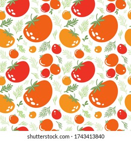 Red juicy tomatoes hand drawn seamless pattern. Background useful natural vegetables for a healthy diet. Vegetarian food vector texture. Vegan, farm, organic, detox, crop. Vector flat illustration