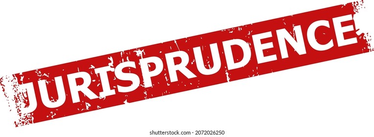 Red JURISPRUDENCE rectangle badge. JURISPRUDENCE title is inside rectangle shape. Rough JURISPRUDENCE badge in red color, with corroded surface.