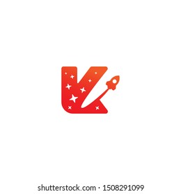 Red K Letter with Rocket Launch and Stars, Startup Technology Logo Design Vector