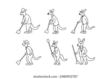 Red Kangaroo in Suit Sweeping White Floor vector line art icon