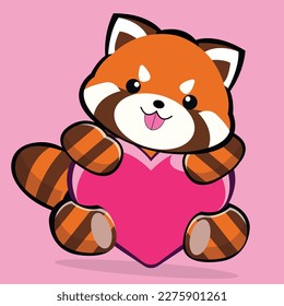 Red kawaii Panda Sitting and hugging hear shape, Love Cute Creative Kawaii Cartoon Mascot Logo