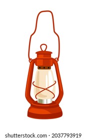 Red kerosene lamp for garden, camping, hike, forest walk. Decorative retro vintage lantern. Vector cartoon hand-drawn isolated illustration.