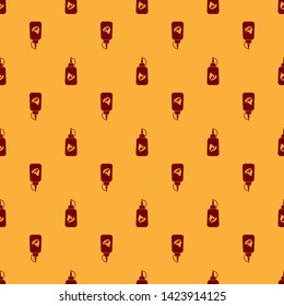 Red Ketchup bottle icon isolated seamless pattern on brown background. Fire flame icon. Hot chili pepper pod sign. Barbecue and BBQ grill symbol. Vector Illustration