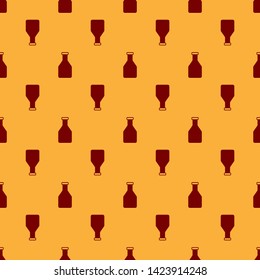 Red Ketchup bottle icon isolated seamless pattern on brown background. Vector Illustration
