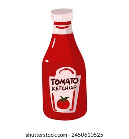 A red ketchup bottle. Sauces for eating. A red jar with a tomato pattern. Suitable for food labels, grocery store windows, fast food menus and food packaging design. Vector isolated illustration