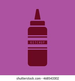 Red ketchup squeeze bottle vector icon. Purple background