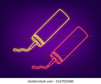 Red ketchup and yellow mustard bottle on white background. Neon illustration design. Isolated cartoon vector illustration