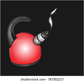 Red kettle, boiling, in chalk on an blackboard.