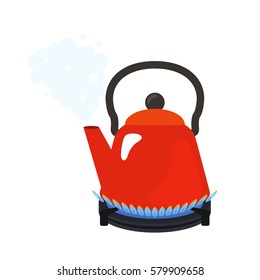 Red kettle boiling on the stove. flat vector illustration isolate on a white background