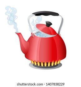 Red kettle with boiling water on gas kitchen stove flame, teapot with open lid, evaporating water from the spout, isolated on white background vector illustration