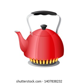 Red kettle with boiling water on gas kitchen stove flame, teapot with closed lid, isolated on white background vector illustration