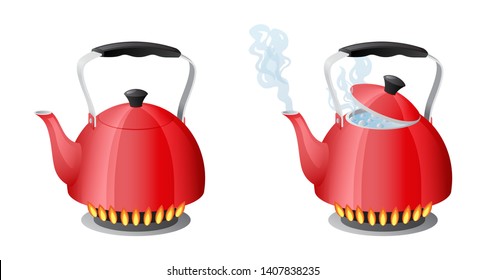 Red kettle with boiling water on gas kitchen stove flame, teapot with closed and open lid, evaporating water from the spout, boil water, solated on white background vector illustration