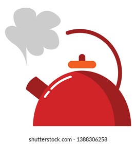 A red kettle designed with a white-colored exclamation mark filled with a hot drink has a slightly opened lid in combinations of orange and red  a spout  vector  color drawing or illustration