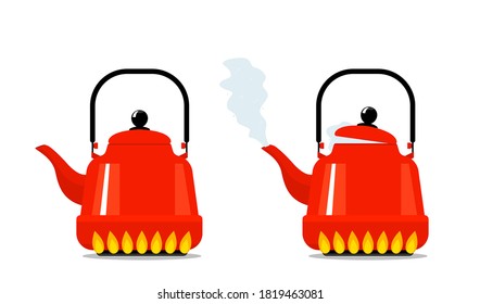 Red kettle on a gas kitchen stove. red kettle boiled with steam from the spout. vector illustration isolated on white background