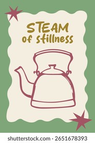 Red kettle with a wavy retro background, ideal for cozy décor and tea-time atmosphere.
