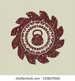 Red kettlebell icon inside distress with rubber seal texture