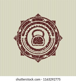 Red kettlebell icon inside distressed rubber grunge texture seal