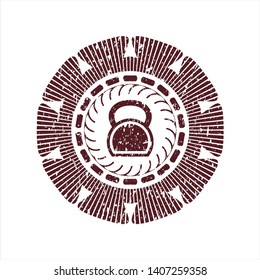 Red kettlebell icon inside rubber stamp with grunge texture