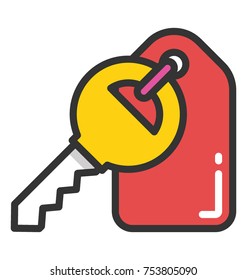 A red key chain with a yellow key in it