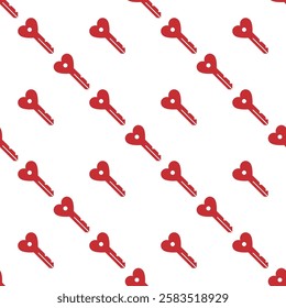 Red Key with Heart symbol concept seamless pattern - vector background for love and heartfelt emotions