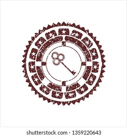 Red key icon inside distress grunge stamp