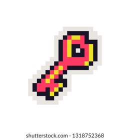 Red key pixel art style icon element design for sticker, logo, app, web. Isolated abstract vector illustration. Video game sprite. 