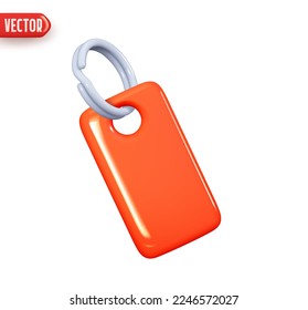 Red keychain. Plastic tag with rings. Realistic 3d design In cartoon style. Icon isolated on white background. vector illustration