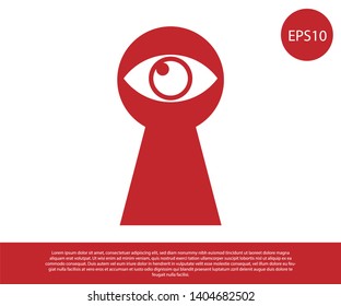 Red Keyhole with eye icon isolated on white background. The eye looks into the keyhole. Keyhole eye hole. Vector Illustration