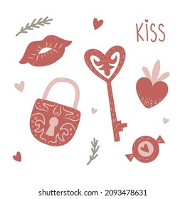 Red keys and locks vector illustration. Heart shaped padlock in hand draw style with funny keys on a white background. Sticker, icon, design element with valentines day.
