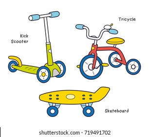 Red kids tricycle, kick scooter and plastic skateboard isolated.