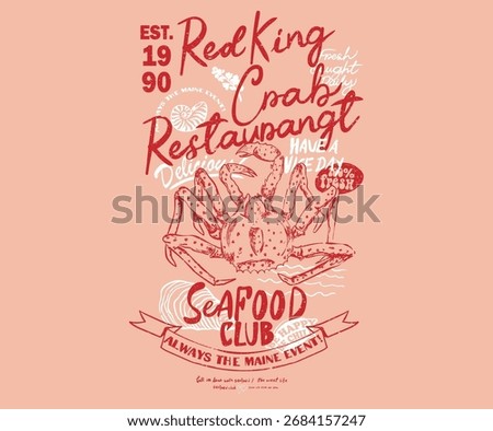Red king crab artwork for t shirt print, poster, sticker and other uses. Seafood club. 