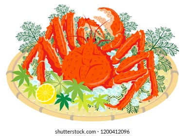 Red king crab on a bamboo basket, isolated on the white background