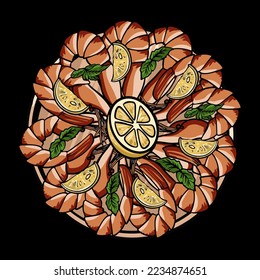 Red king prawn. Grilled bbq shrimps seafood plate. King or tiger prawns dish with basil and lemon. Cartoon vector illustration.