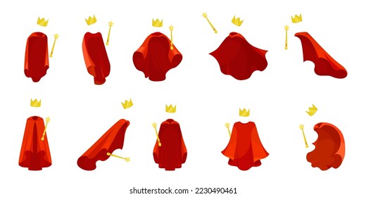 Red kings robe with golden crown and scepter vector illustration set. Ten drawings of sample, crown and scepter in different shapes and movements isolated on white background. King concept