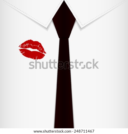 Red kiss mark on the right hand side of white smart shirt with dark red tie. (EPS10 art vector separate part by part) 