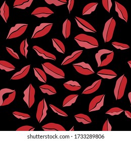 Rote Küsse nahtlose Muster Hintergrund. Welt-Küsse-Tag, Valentinstag. Schönheit und Kosmetikhintergrund. Vector-Abbildung. Für die Gestaltung von Packpapier, Stoff, Tapete, Büromaterial.