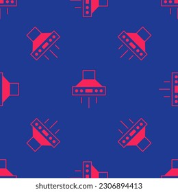 Red Kitchen extractor fan icon isolated seamless pattern on blue background. Cooker hood. Kitchen exhaust. Household appliance.  Vector