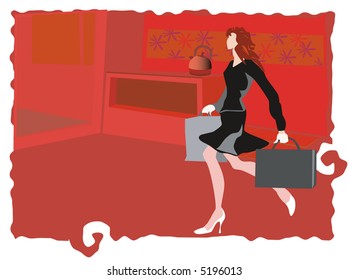 red kitchen interior with girl return home from shopping