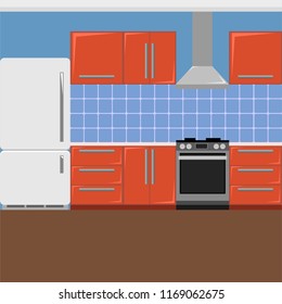 Red kitchen interior on a blue background. Flat design style, vector illustration.
