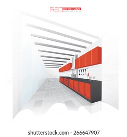 Red kitchen perspective vector