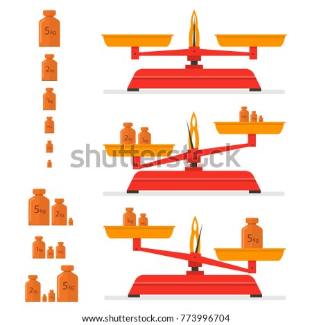Red kitchen scale. Vintage iron weight tool. Different weights. Balance. Isolated on white background. Vector illustration.