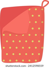 Red kitchen towel with yellow polka dots and hanging loop. Domestic accessory, textile design vector illustration.