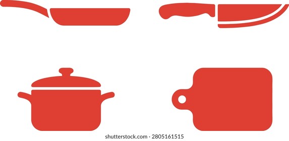 Red kitchen utensils including a frying pan, knife, pot, and cutting board on a white background (1)