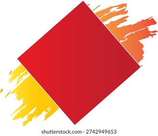 A red kite with a diamond shape and brushstrokes of yellow and orange on a white background, creating a dynamic and colorful visual effect.