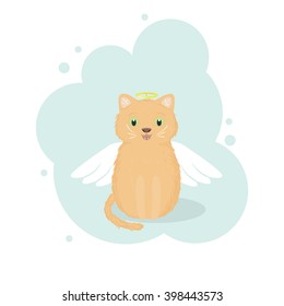 Red kitten in an angel costume with white wings and golden nimbus above its head. Vector illustration.