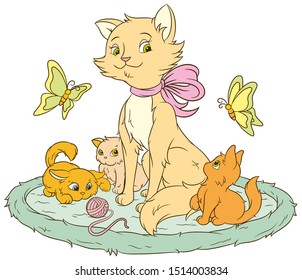 Red kitten with bow, with kittens on blue mat with yellow butterflies near them