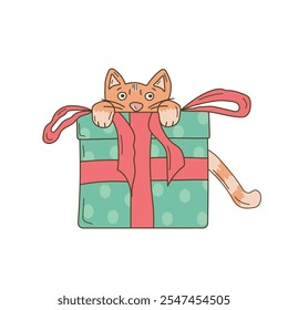  red kitten with a gift hand-drawn in the doodle style on a white background, for decorating postcards, invitations, stickers.