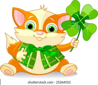 Rotes Kätzchen, das Klee hält. St. Patrick's Day Illustration